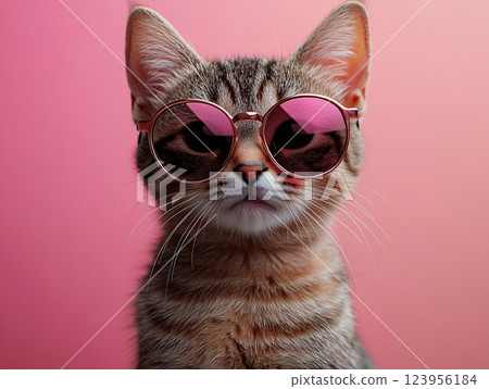 A cat wearing sunglasses and a collar sits against a solid background.  123956184
