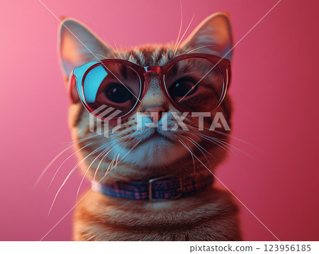 A cat wearing sunglasses and a collar sits against a solid background.  123956185