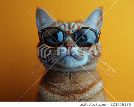 A cat wearing sunglasses and a collar sits against a solid background.  123956186