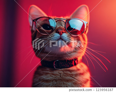 A cat wearing sunglasses and a collar sits against a solid background.  123956187