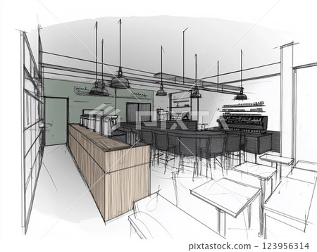 Architectural sketch of a modern cafe interior with wooden furniture, a counter with coffee machines, hanging lights, and a hallway leading to another room. 123956314