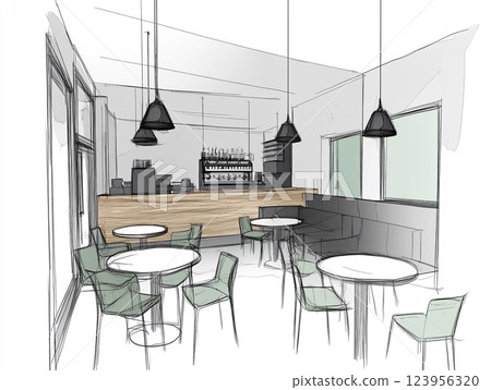 Architectural sketch of a modern cafe interior with wooden furniture, a counter with coffee machines, hanging lights, and a hallway leading to another room. 123956320