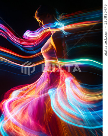 A silhouette of a person in a flowing dress surrounded by vibrant, colorful light trails, creating a dynamic and ethereal effect. 123956479