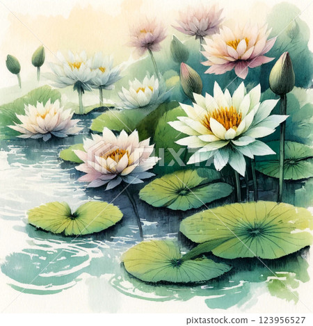 Water lilies floating on the water 123956527