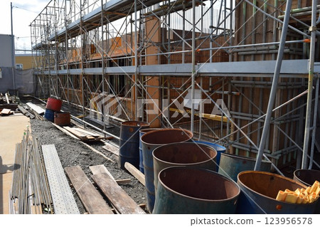 Scaffolding installed at construction site Scaffolding installed at construction site 123956578