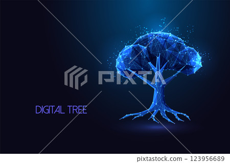 Sustainable digital tree with polygonal blue wireframe structure on dark blue background. ESG vector 123956689