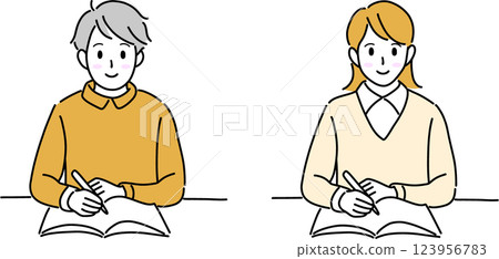 Simple illustration of male and female students studying at a desk 123956783