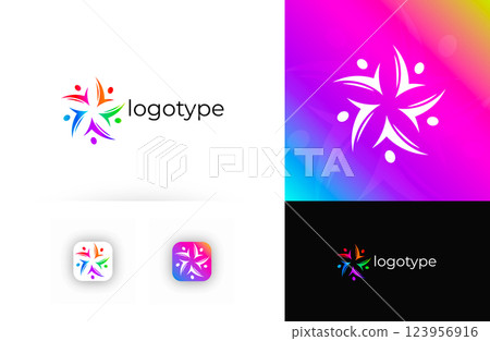 Star human figures abstract logo, symbolizing unity, teamwork, diversity. Suitable for charities, social foundations, education, business branding, community projects. Colourful Vibrant vector logo 123956916