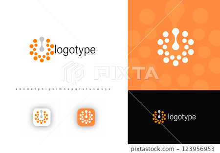 Abstract power button logo with fusion dots, symbolizing energy, activation, innovation. Ideal for technology startups, electronics, smart devices, energy-related businesses. Vector logo 123956953