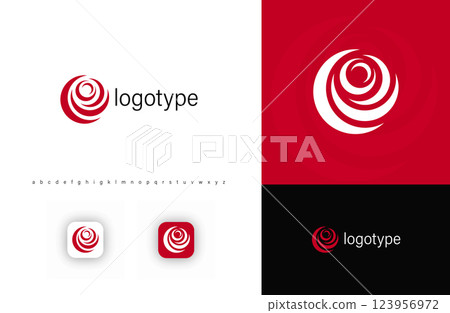 Stylized red rose logo with layered petals symbolizing beauty, elegance, romance. Represents luxury, floral design, boutique branding. Suitable for beauty, fashion, florists, wedding. Vector logo 123956972