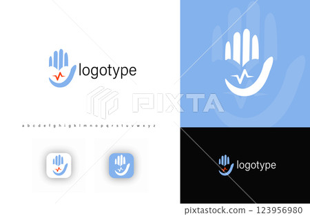 Hand with heartbeat symbolizing medical care, protection, health services. Represents wellness, cardiology, diagnostics, therapy. Ideal for hospitals, clinics, healthcare apps. Modern vector logo Hand with heartbeat symbolizing medical care, protection, health services. Represents wellness, cardiology, diagnostics, therapy. Ideal for hospitals, clinics, healthcare apps. Modern vector logo 123956980