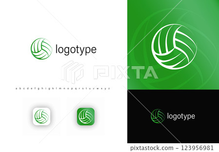 Green volleyball icon representing sports, teamwork, active lifestyle. Ideal for sports clubs, fitness brands, tournaments, recreational leagues, athlete communities. Modern vector logo 123956981