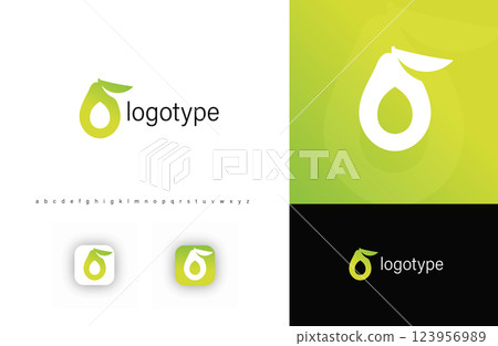 Avocado or pear logo with drop-shaped cutout and leaf, symbolizing organic food, fresh produce, healthy nutrition. Suitable for eco-friendly food brands, juice companies, farms. Modern vector logo 123956989