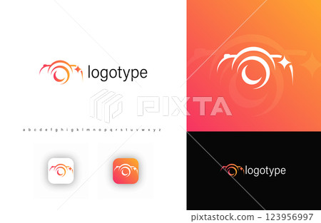 Silhoueete silhouette camera logo with swirl and sparkles, symbolizing creativity, precision, professional photography. Ideal for photography studios, media agencies. Modern vector logo. Silhoueete silhouette camera logo with swirl and sparkles, symbolizing creativity, precision, professional photography. Ideal for photography studios, media agencies. Modern vector logo. 123956997