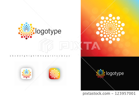 Abstract colorful spiral dot logo representing energy, technology, and connectivity. Ideal for digital agencies, AI, innovative startups, SPA and yoga. Modern vector logo 123957001