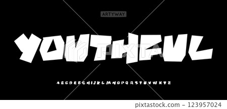 Graffiti block letters, bold street font, angular urban typography, dynamic geometric typeface, youthful high-impact modern typographic design. Vector typeset 123957024