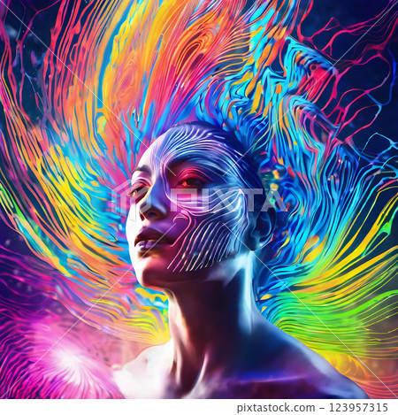 Ethereal Futuristic Woman with Neon Abstract Hair 123957315