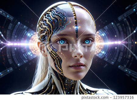 Futuristic Female Cyborg with Blue Eyes and Advanced Technology Futuristic Female Cyborg with Blue Eyes and Advanced Technology 123957316