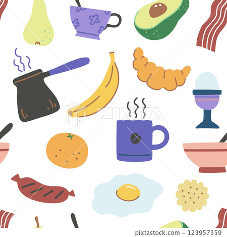 Seamless pattern with breakfest time elements in colorful modern style.  123957359