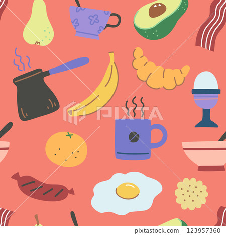 Seamless pattern with breakfest time elements in colorful modern style.  123957360