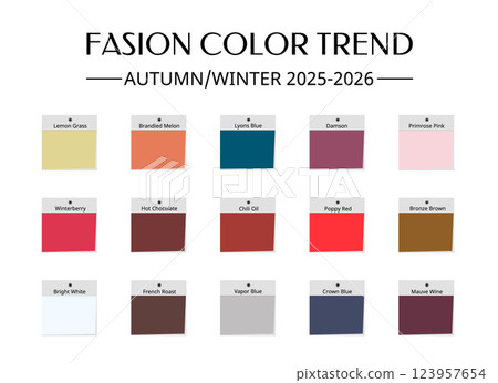Fashion Color Trend Autumn - Winter 2025 - 2026. Trendy colors palette guide. Fabric swatches with color names. Vector template for your creative designs. 123957654