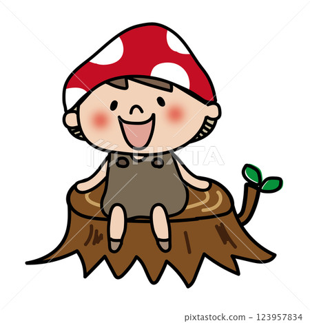 Child dressed as a mushroom sitting on a stump 1 Child dressed as a mushroom sitting on a stump 1 123957834