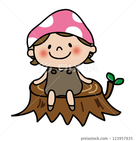 Child dressed as a mushroom sitting on a stump 2 123957835