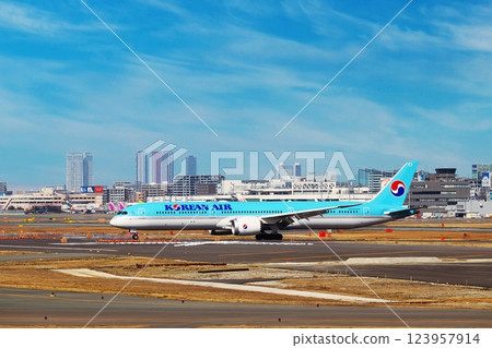 A passenger plane, a Boeing 787, lands at Fukuoka Airport and heads to the parking area 123957914