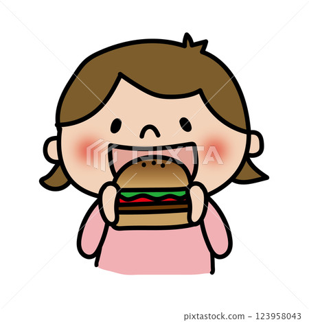 A child (girl 1) eating a hamburger with his mouth wide open A child (girl 1) eating a hamburger with his mouth wide open 123958043