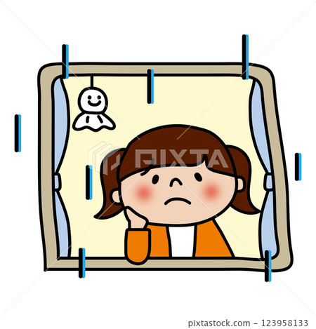 A child (girl) gazing out the window with a troubled look on a rainy day 123958133