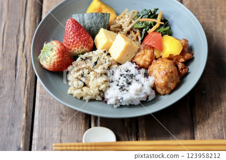 Healthy Japanese one-plate meal with two types of rice Healthy Japanese one-plate meal with two types of rice 123958212