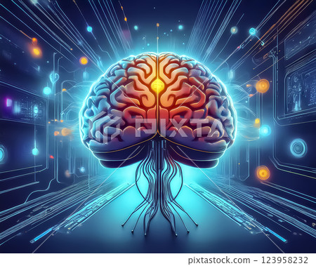 Image of optical wiring connected to the brain 123958232