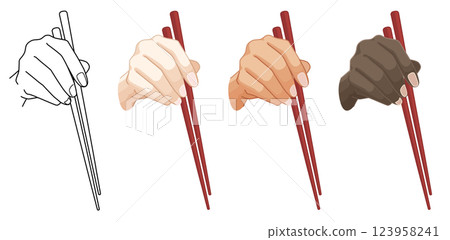 How to hold chopsticks | Single pose color variation set, correct usage, versatility, hand illustrations How to hold chopsticks | Single pose color variation set, correct usage, versatility, hand illustrations 123958241