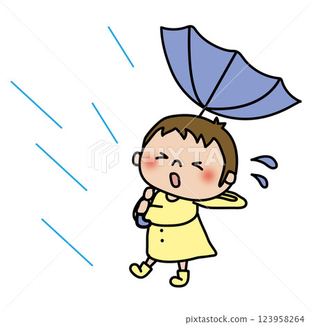 一名男孩撐著傘,被颱風的強風雨吹得翻倒 一名男孩撐著傘,被颱風的強風雨吹得翻倒 123958264