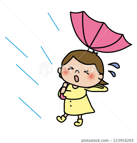 一名兒童（女孩）的雨傘被颱風的強風和雨水吹翻了 123958265