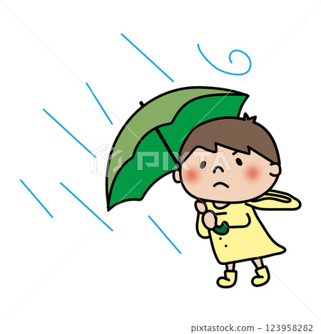 一名男孩被颱風的強風吹倒 123958282