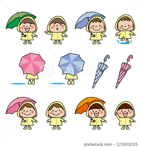 一群穿著雨衣、打著傘的孩子 123958285