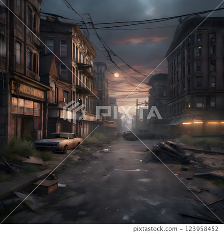 Post-apocalyptic urban street at dusk with abandoned buildings Post-apocalyptic urban street at dusk with abandoned buildings 123958452