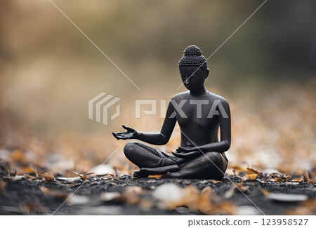 A small Buddha statue placed on the ground 123958527