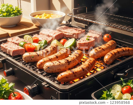Meat, vegetables and sausages grilled deliciously on a barbecue grill Meat, vegetables and sausages grilled deliciously on a barbecue grill 123958568