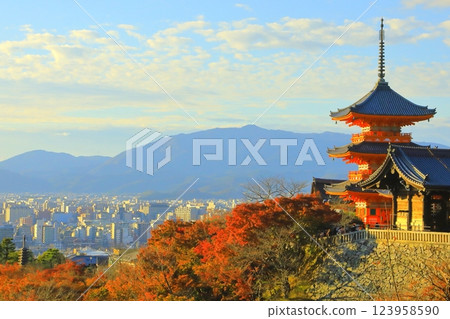 Three-storied pagoda (Kiyomizu-dera Temple) and Kyoto city in autumn 123958590