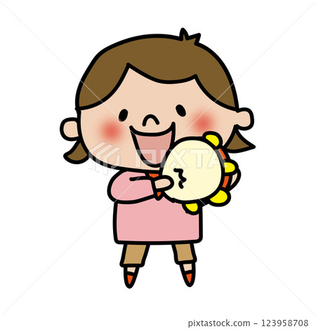 一個孩子(女孩)在敲響鈴鼓 一個孩子(女孩)在敲響鈴鼓 123958708