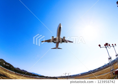 Boeing 737 just before landing, taken with a fisheye lens 123958742