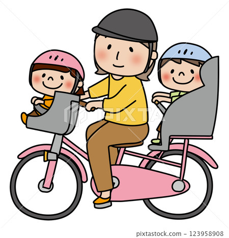 A mother wearing a helmet and riding a bicycle with her children in front and behind her 123958908