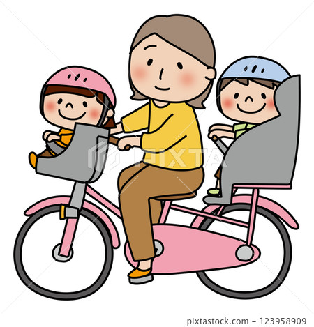 A mother riding a bicycle with children in the front and back A mother riding a bicycle with children in the front and back 123958909