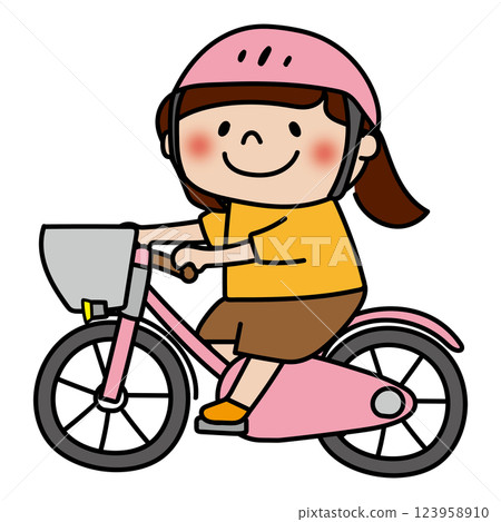 A child (girl) riding a bicycle wearing a helmet 123958910