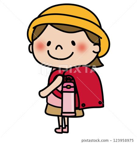 一個孩子（女孩）將水瓶掛在書包上 123958975