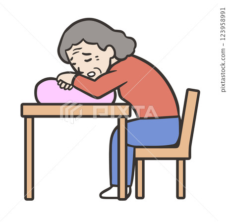 Orthopnea, elderly woman sitting in a chair and leaning against a cushion 123958991