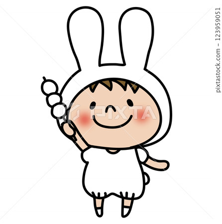 A boy dressed as a white rabbit holding a dumpling A boy dressed as a white rabbit holding a dumpling 123959051