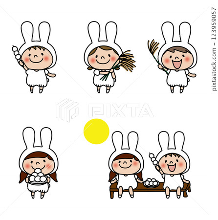 Moon viewing set for children dressed as white rabbits 123959057
